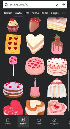 an iphone screen with cakes and hearts on it