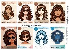 six different types of women's hair with the words 8 designs included on them