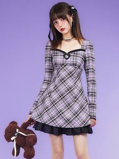 ❤︎Black Purple Gridward Bubble Lace Dress❤︎ Maya Aesthetic, Oc Lore, Mode Purple, Purple L, Checkered Dress, Purple Plaid, Long Sleeve Lace Dress, Purple Fashion, Plaid Dress