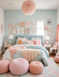 a bedroom decorated in pastel colors with pink and blue accents