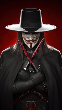 a man in a top hat and coat holding two knives with blood on his face