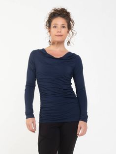 Ruched side panels create a flattering silhouette on one of our best selling long sleeve tops. It features a slightly draped neckline and hit just below the waist. [#details] Size Suggestions S: 2-4 M: 6-8 L: 10-12 [/details] [#fabric] Rayon Lycra: 90% Rayon (Viscose) / 10% Spandex (Lycra) [/fabric] Jersey Tops, Draped Neckline, Lycra Fabric, Zoom Call, Natural Curves, Draped Fabric, Side Panels, Looks Great, Long Sleeve Tops