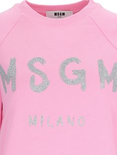 MSGM logo crewneck sweatshirt in pink cotton with glitter logo print on the front, ribbed trim, and straight hem. Composition: 100% Cotton Spring Crew Sweatshirt With Logo Detail, Spring Crew Top With Logo Detail, Spring Crew-neck Top With Logo Detail, Trendy Long Sleeve Logo Sweatshirt, Pink Winter Sweatshirt With Logo Detail, Casual Pink Sweatshirt With Logo, Spring Crew Sweatshirt With Logo Print, Logo Print Sweatshirt For Spring Loungewear, Pink Cotton Top With Logo Detail