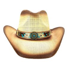 Tightly woven straw cowboy hat for sun protection. Distressed look created with stained crown and brim edge. Classic cowboy up curled brim, 3" wide. Faux leather band with brass color turquoise beaded concho. Wide elastic comfort sweatband. One size, best fit 57-59 cm. 100% straw Brown Fitted Western Straw Hat, Western Straw Hat With Upf 50+ Flat Brim, Western-themed Summer Straw Hat, Western-themed Fedora Straw Hat, Hats For Small Heads, Brown Sun Hat For Rodeo, One Size, Womens Fedora, Stetson Hat, Safari Hat