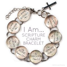 I Am - Scripture Glass Charm Bible Verse Bracelet, 6.75"-8.75" Scripture Bracelet, Verse Bracelet, Bible Verse Bracelet, Affirmation Bracelets, Christian Affirmations, Mothers Bracelet, Serenity Prayer, Holy Mary, The Lords Prayer