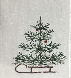 a painting of a small christmas tree in a sled with red berries on it