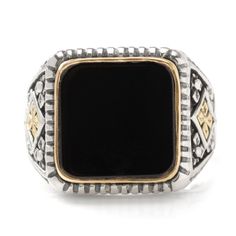 Inspired by Greek mythology, each piece of jewelry designed by Konstantino features intricate details and luxurious metals. This sterling silver ring is no exception, with delicate 18k gold highlights and a rich black onyx stone setting. Available in multiple sizes. Includes branded Konstantino gift packaging. Silver Onyx Signet Ring Luxury Style, Luxury Silver Onyx Signet Ring, Luxury Silver Signet Ring With Onyx, Luxury Hallmarked Onyx Rings, Luxury Black Engraved Ring With Polished Finish, Luxury Black Engraved Ring In Sterling Silver, Luxury Onyx Signet Ring With Gemstone, Luxury Black Sterling Silver Ring, Luxury Black Engraved Ring For Formal Occasions