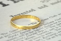 'Wee joyne our love in god above'. The misspellings so charming and not only fun, but also serve to place it in history in a time before the standardization of spellings and the widespread printing of dictionaries. An incredible, unique genuine 18th century posy ring in solid 22 carat gold, with a deeply personal hidden message inscribed by hand to the inner band. The lettering is beautiful, authentic and characterful, with bold capital to 'Wee', and some charming flourishes and serifs to the ends of many other letters. It dates to around 1760/70 and bears a not-quite-readable maker's mark alongside the inscription. It's a wonderful, mid-slim shallow D-shaped band at 2.2 mm wide, shows some fabulous patina that gives history and authenticity, and is just gorgeous on the finger, a real slee Posy Ring, Pinky Signet Ring, Hidden Message, 22 Carat Gold, Gold Cross Pendant, Wedding Band Ring, Rock Crystal, 22k Gold, Gold Bands