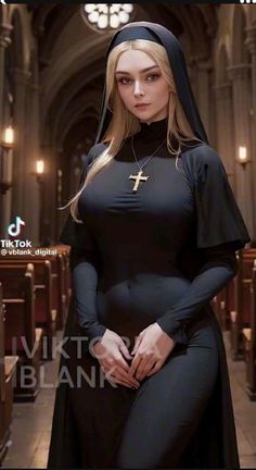 a woman in a nun outfit is posing for a photo with her hands on her hips