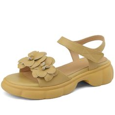 Camellia Blossom Leather Sandals - TSS105 Women's Casual Shoes - Touchy Style Beige Flat Heel Slingback Sandals For Spring, Beige Flat Slingback Sandals For Spring, Casual Spring Platform Slingback Sandals, Trendy Beige Slingback Sandals For Spring, Beige Low Heel Sandals For Summer, Spring Flat Heel Slingback Sandals With Platform, Beige Low Heel Summer Flats, Beige Low Heel Flats For Summer, Spring Flat Slingback Sandals