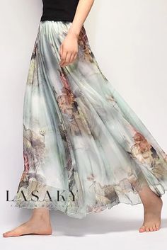 Lasaky - Elegant Bohemian Printed Chiffon Maxi Skirt showcasing vintage beach-inspired design Beach Skirts, Long Chiffon Skirt, Skirt Chiffon, Summer Formal Dresses, Printed Long Skirt, Boho Floor, Chiffon Maxi Skirt, Retro Bohemian, Chiffon Floral