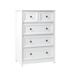 a white dresser with four drawers and two doors on the bottom drawer, in front of a white background