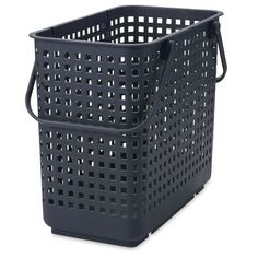 a black plastic basket with handles on the bottom and sides, is shown in front of a white background