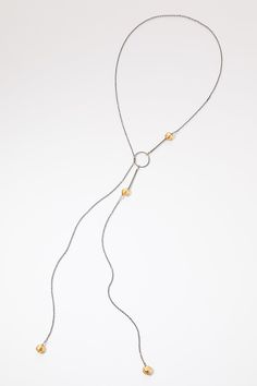 Murano Glass Lariat by Morgan Amirani (Gold, Silver & Stone Necklace) | Artful Home Luxury Sterling Silver Lariat Jewelry, Elegant Yellow Gold Lariat Necklace In Metal, Elegant Yellow Gold Metal Lariat Necklace, Modern Adjustable Gold Lariat Necklace, Modern Adjustable Jewelry With Polished Beads, Modern Metal Lariat Jewelry, Sterling Silver Single Strand Lariat Jewelry, Modern Sterling Silver Jewelry With Round Beads, Modern Gold Long Drop Necklace