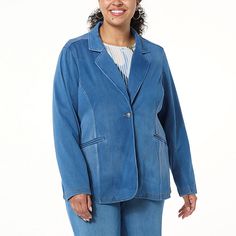 DG2 by Diane Gilman Super Stretch Knit Denim Blazer  No longer made for business-only attire, this soft knit twill blazer is a wardrobe chameleon. Paired with your favorite jeans and a fitted tee or a pretty dress and fashionable heels, this must-have design is head of its class. Fitted Casual Denim Blue Blazer, Spring Denim Workwear Jacket, Solid Denim Jacket For Spring Workwear, Spring Workwear Denim Jacket, Casual Medium Wash Single Breasted Blazer, Classic Denim Blue Blazer For Spring, Casual Single Breasted Blazer, Denim Blue Cotton Blazer For Spring, Spring Denim Blazer For Business Casual