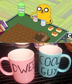 two coffee mugs sitting on top of a stove next to each other with the words cool guy written on them