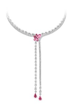 Necklace 18K white gold with snaplink clasp, length 42 cm, 7 pink sapphires(Z) with pear cut total 5.6 ct, 50 pear cut... diamonds 11.08 ct, 70 brilliant cut diamonds 10.31 ct. F-vs. Since the house’s inception in 1888, Bucherer has been inspired by the beauty and sparkle of rare diamonds and gems. The Lucerne Atelier celebrates curiosity and centers on innovation, forming masterpieces of beauty, elevated through the finest traditions of craftsmanship. A unique combination of traditional techniques and the latest in pioneering practices inspire iconic pieces with a contemporary twist, designed to inspire and define style with the modern woman as a constant muse. With a forward-thinking approach and cosmopolitan spirit, Bucherer Fine Jewellery has earned a notable place among Europe’s most Bvlgari Vintage Jewelry, Rare Diamonds, Detailed Necklace, Forward Thinking, Exclusive Gift, Inception, Fine Jewellery, Flower Jewellery, Pear Cut