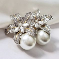 Wedding Jewelry - Orchid Two-Tone Pearl and Cubic Zirconia Bridal Earrings Silver Pearl Earrings, Wedding Party Jewelry, Square Earrings Studs, Square Stud, Earrings Women, Pearl Types, Flower Studs, Pearl Stud Earrings, Pearl Studs