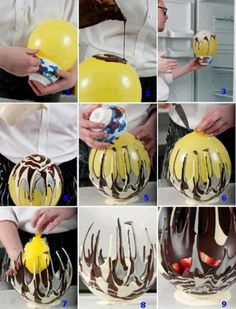 a series of photos showing how to make an easter egg with chocolate icing and candy