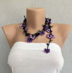 Beaded Crochet Necklace Purple Flower Long Lariat Turkish | Etsy Purple Bohemian Crochet Jewelry, Handmade Bohemian Purple Flower Necklace, Handmade Purple Bohemian Flower Necklace, Adjustable Purple Flower Necklace, Handmade Purple Lariat Necklace, Handmade Adjustable Purple Flower Necklace, Bohemian Purple Flower Necklace, Purple Bohemian Flower Necklace, Beaded Crochet Necklace