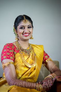 If you are looking for the best parlour for bridal makeup in Chennai then WINK Salon is your place to get a glowling look and be ready for your big wedding night. Become a happy bride with WINK Salon Bride Blouse, Indian Silk Sarees, Yellow Saree, Silk Saree Blouse, Contrast Blouse, Bridal Jewellery Indian, South Indian Bride, Bridal Saree