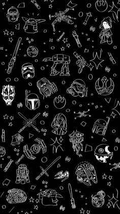 black and white doodles on a black background with stars, skulls, and other items