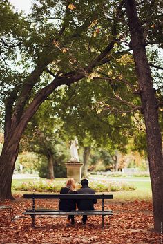 two people sitting on a bench in the middle of a park with leaves covering the ground