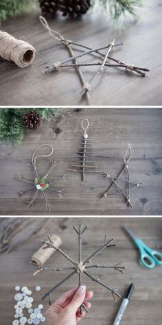 the process to make a snowflake ornament with twigs and twine