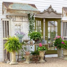 an assortment of potted plants in front of a house