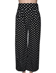 Black Polka Dot Wide Leg Bell-bottomed Pants Polka Dot Wide Leg Bottoms With Pockets, Polka Dot Wide Leg Pants With Elastic Waistband, Polka Dot Wide-leg Pants With Elastic Waistband, Chic High Waist Polka Dot Bottoms, Chic Wide Leg Polka Dot Pants, Chic Polka Dot Bottoms With Elastic Waistband, Chic Polka Dot Wide Leg Pants, High Waist Polka Dot Bottoms With Elastic Waistband, Casual Wide Leg Polka Dot Pants