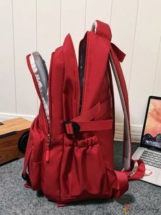 BirdinBag - Red Letter Adorned Multi-pocket Backpack with Bag Charm - Versatile and Stylish Casual Backpack With Zipper Pocket For Study, Casual School Backpack With Zipper Pocket, Casual Study Backpack With Zipper Pocket, Standard Student Backpack With Pockets, Red School Bag With Zipper Pocket, Red School Bags With Zipper Pocket, Functional Red Backpack, Casual Student Bag With Multiple Pockets, Student Bags With Pockets For Back To School