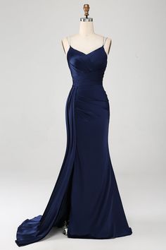 ZAPAKA Women Navy Prom Dress Mermaid Spaghetti Straps Pleated Corset Long Evening Dress Dress With Slit Dark Colored Prom Dresses Long, Spaghetti Strap Corset Dress, Navy Blue Corset Dress, Prom Dresses Navy, Navy Prom Dress, Dark Blue Prom Dress, Prom Dress Navy, Navy Long Dress