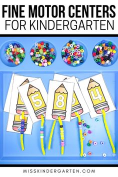 A pencil-themed bead lacing activity Kindergarten Fine Motor, Fine Motor Centers, Task Cards Kindergarten, Centers For Kindergarten, Prek Classroom, Preschool Fine Motor, Kindergarten Centers