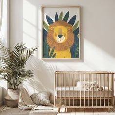 a baby's room with a lion print on the wall and a crib