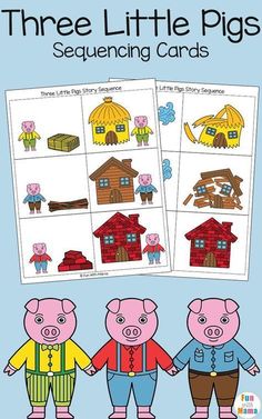 three little pigs sequencer cards with pictures of them and the words,'three little pigs