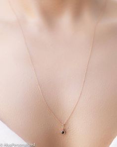 Birthstone Necklace - Black Diamond Necklace - Long Necklace - Rose Gold Jewelry - Everyday Necklace Everyday Rose Gold Flower Pendant Jewelry, Everyday Rose Gold Flower Pendant Necklace, Elegant Black Personalized Necklace, Rose Gold Diamond Pendant Charm Necklaces, Rose Gold Initial Pendant Jewelry With Delicate Chain, Rose Gold Teardrop Pendant Necklace In Fine Jewelry Style, Dainty Rose Gold Diamond Necklace Gift, Rose Gold Initial Pendant With Delicate Chain, Minimalist Birthstone Necklace With Flower Pendant