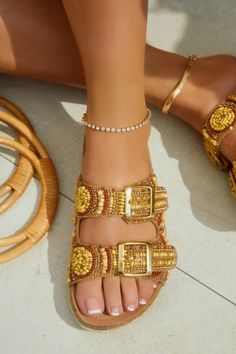 Shop our sandal collection 🤍 Knee Sandals, Gold Shoes Heels, Shoe Model, Single Sole Heels, Miss Lola, White Sandals Heels, Beaded Sandals, Slip On Sandals, Travel Wardrobe