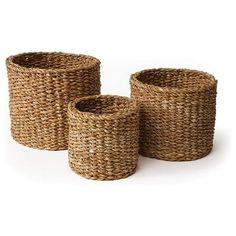 Rustic seagrass baskets, hand woven in Bangladesh, are both flexible and durable and blend particularly well with coastal dcor. The set of three includes the following sizes: Small 6.5" x 5.5", Medium 8.5" x 6.5", and Large 10.5" x 8" (DxH).