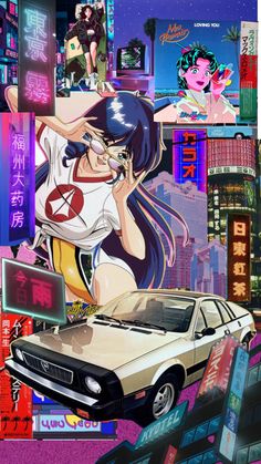 an image of a woman in the city with cars and neon signs above her head