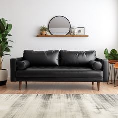 a black leather couch sitting on top of a wooden floor next to a potted plant