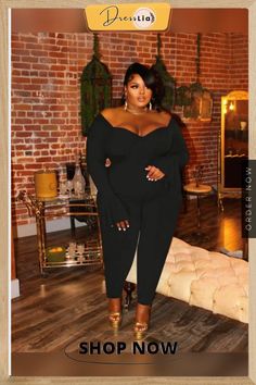 Off Shoulder Long Flared Sleeve Plus Size Jumpsuits Off Shoulder Plus Size Evening, Cocktail Jumpsuit Plus Size, Formal Romper Long Plus Size, Plus Size One Shoulder Sweater, All Black Dinner Outfit Plus Size, Plus Size Vegas Outfits, Plus Size Club Outfits Night Out, Plus Size Birthday Outfit, Night Outfits Plus Size