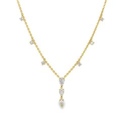 Handmade to perfection, this 14k yellow gold necklace showcases a 3 pear shape diamond drop at its center. Enhancing the radiance of these exquisite stones are 4 diamonds on each side, elegantly positioned along the chain. A one of a kind creation, it boasts a carat weight of 1.25 carats for the 3 pear shape diamonds and 0.62 carats for the 8 accent diamonds. Timeless Pear-shaped Diamond Necklaces, Elegant Pear-shaped Diamond Drop Necklace, Classic Briolette Cubic Zirconia Necklace, Classic Pear-shaped Diamond Drop Necklace, Classic Diamond Teardrop Pendant Necklace, Classic Diamond Drop Bridal Necklace, Elegant Teardrop Necklace With Prong Setting, Elegant Pear-shaped Drop Necklace With Diamond Accents, Classic Pear Shaped Diamond Drop Necklace