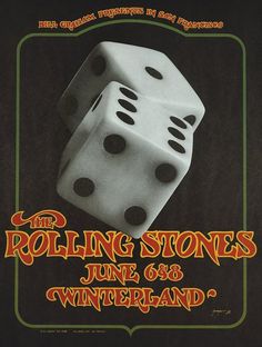 the rolling stones poster with two dices on it's front cover, and an advertisement for wineland