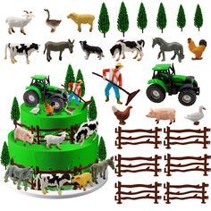 a cake with farm animals and farm equipment on the top is surrounded by figurines