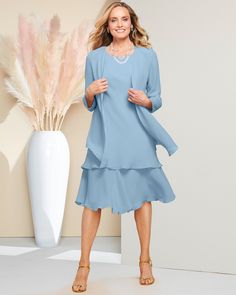 You'll fairly float into the party in this creation, made of sheer georgette. The tunic-length jacket's hemline dips to points in front and back. Sleeveless, fully-lined pullover dress has two fluttering tiers. Hits at knee. Neckline: Jewel Sleeve Length: Long Length: Dress length from natural waist: Misses and Women's 25''; Petites 24'' Content: 100% Polyester Care: Machine wash. Origin: Imported Why We Love It T his is it! More than just a jacket dress, this look is our customers' #1 outfit fo Outfits Fo, Georgette Fabric, Tunic Length, Long Length, Special Occasion Dresses, Fitted Dress, Occasion Dresses, Mother Of The Bride, Party Outfit