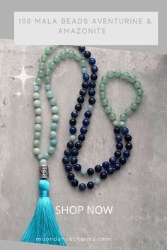 108 Mala Beads Amazonite & aventurine. Malas and meditation go hand in hand. This gorgeous Mala is meaningful and intentionally created to empower you, on your meditations. Get inspired by the meaning of the mala beads and check out our mala necklace collection. Moon Dance Charms offers a great variety of Japa mala 108 beads and 27. Our Malas are handcrafted and hand knotted using natural stones. Check out our website>> Holistic Jade Jewelry For Meditation, Spiritual Jade Jewelry With 108 Beads, Jade Gemstone Beads Jewelry For Meditation, Agate Beaded Bracelets With 108 Beads For Meditation, Spiritual Amazonite 8mm Beads Jewelry, Turquoise Healing Crystal Necklace With Round Beads, Spiritual Amazonite Jewelry With 8mm Beads, Aventurine Jewelry With Natural Stones For Meditation, Blue Bohemian Beaded Bracelets For Meditation