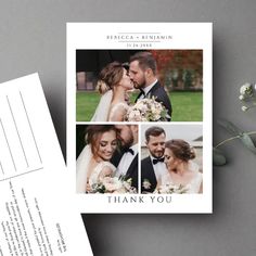 a wedding thank card with three photos and the words, thank you on it next to some flowers