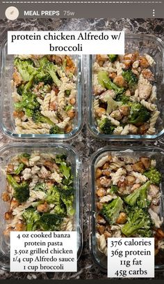 four plastic containers filled with food on top of a marble countertop, labeled chicken alfredo and broccoli