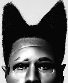 a black and white photo of a man with his hair in the shape of a cat's head