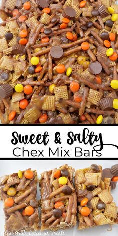 sweet and salty chex mix bar with candy bars on top